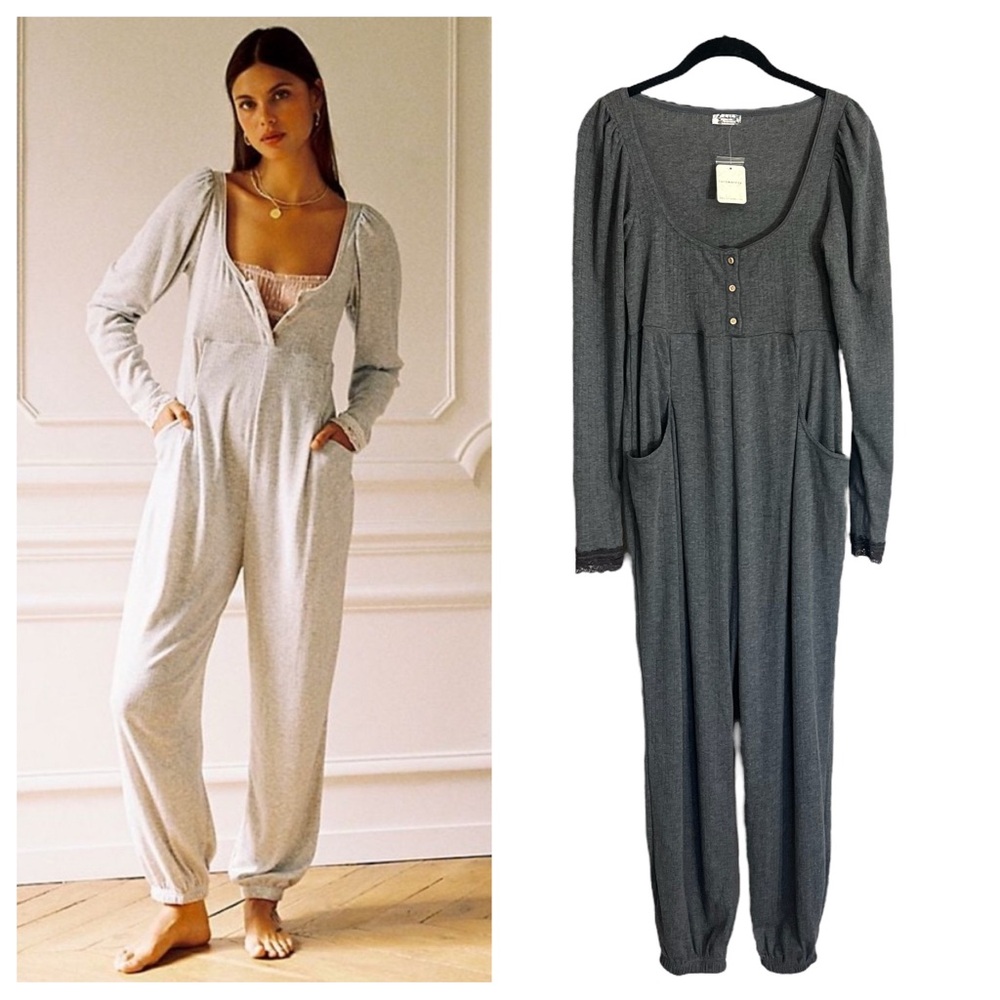 NWT Free People On Point romper onesie jumpsuit dark grey cozy comfort sz XS